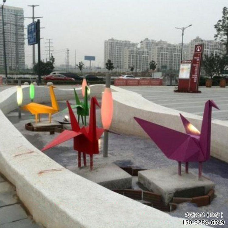 街頭千紙鶴雕塑 大型別墅區鶴鳥雕塑 鋼管折紙風格