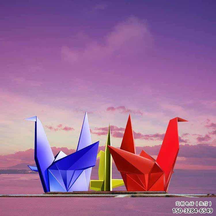 噴漆千紙鶴雕塑 中式村口折紙風格 草地鶴鳥雕塑