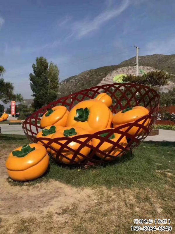 廣場(chǎng)景觀果籃雕塑供給，戶外雕塑，柿子果籃雕塑選用