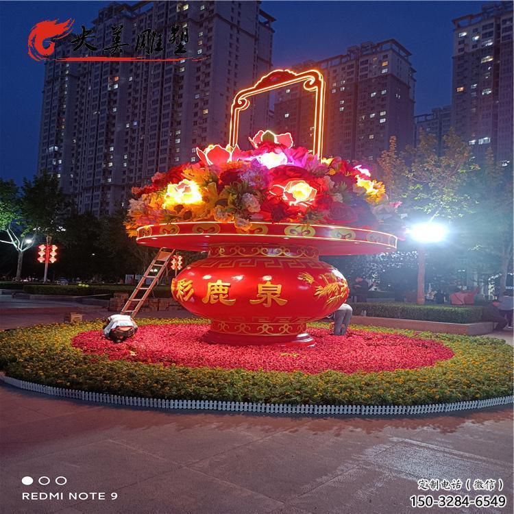 花籃雕塑定制，街頭雕塑，金屬花籃雕塑觀賞型