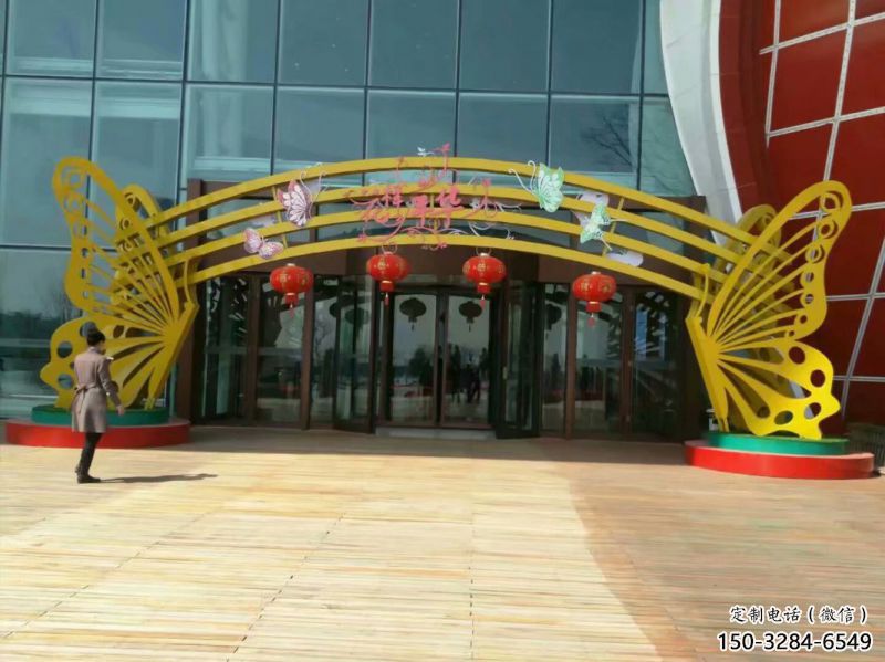 臨夏蝴蝶拱門雕塑，鏤空烤漆效果，不銹鋼小區標識雕塑