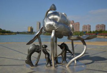三明蓮蓬嬉戲雕塑，城市植物景觀雕塑，不銹鋼鏡面效果