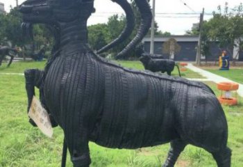 同心輪胎山羊雕塑供應(yīng)，公園雕塑，鑄銅輪胎羊雕塑供求